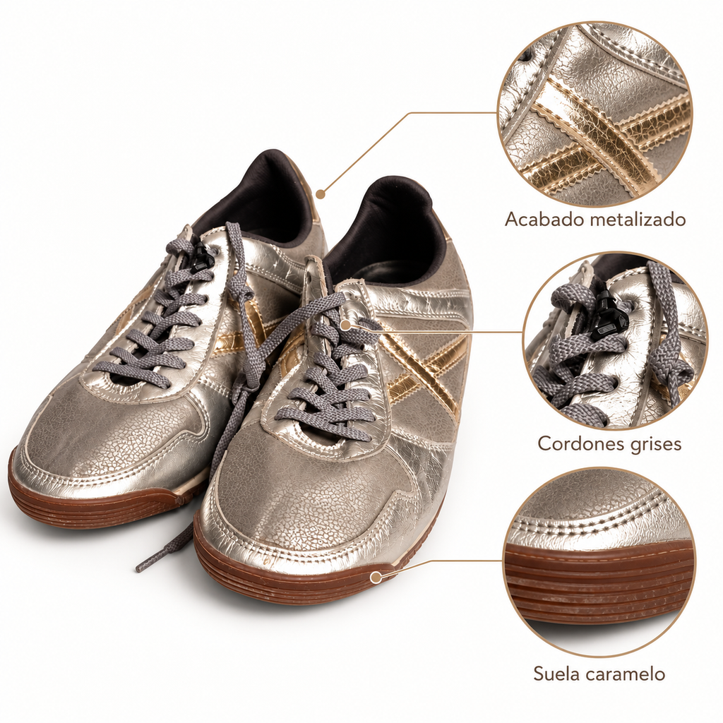 Zapatillas Munich Plata y Champán Metalizadas Unisex - caracteristicas