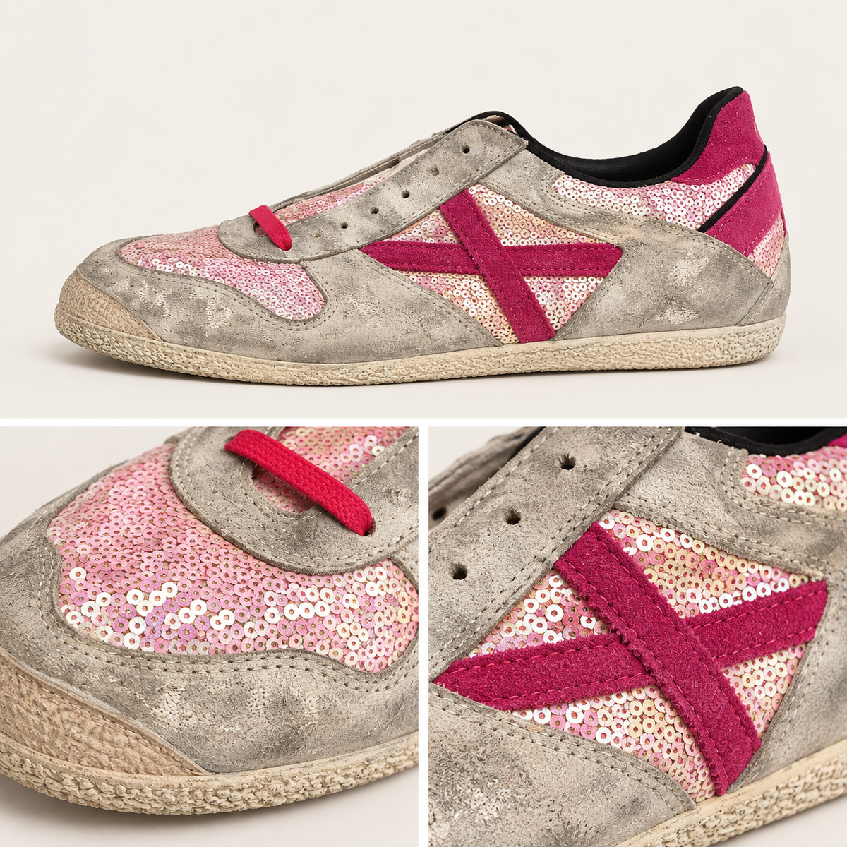 Detalles de zapatillas Munich plateadas y rosas