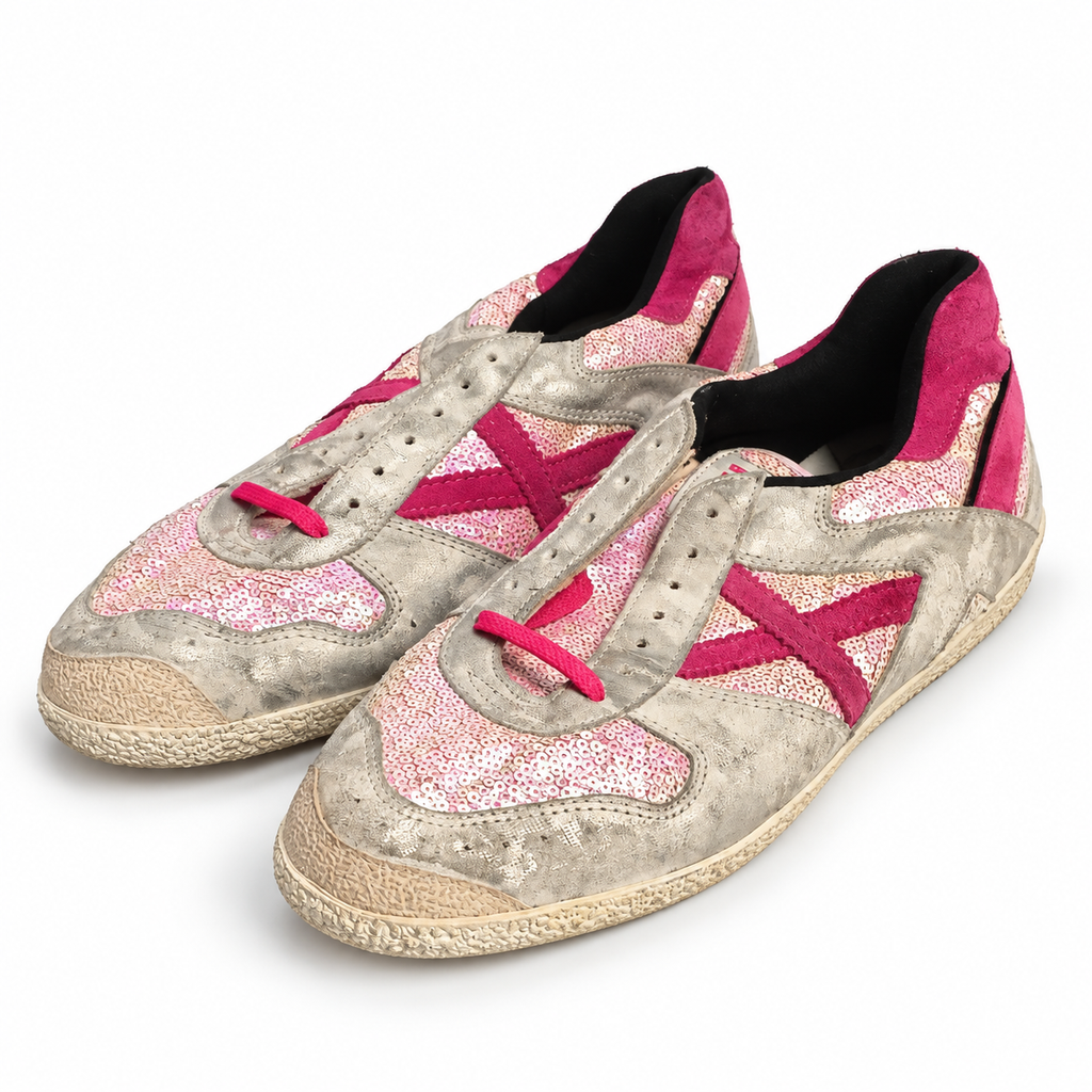 Zapatillas Munich plateadas efecto desgastado con lentejuelas rosas