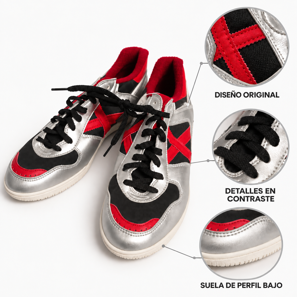 Detalles de zapatillas Munich plateadas negras y rojas