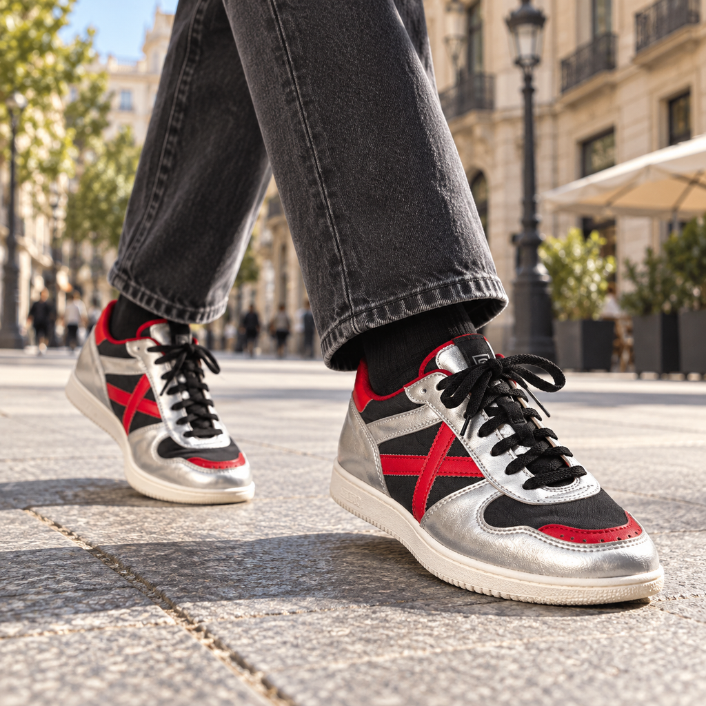 Zapatillas Munich plateadas negras y rojas en uso