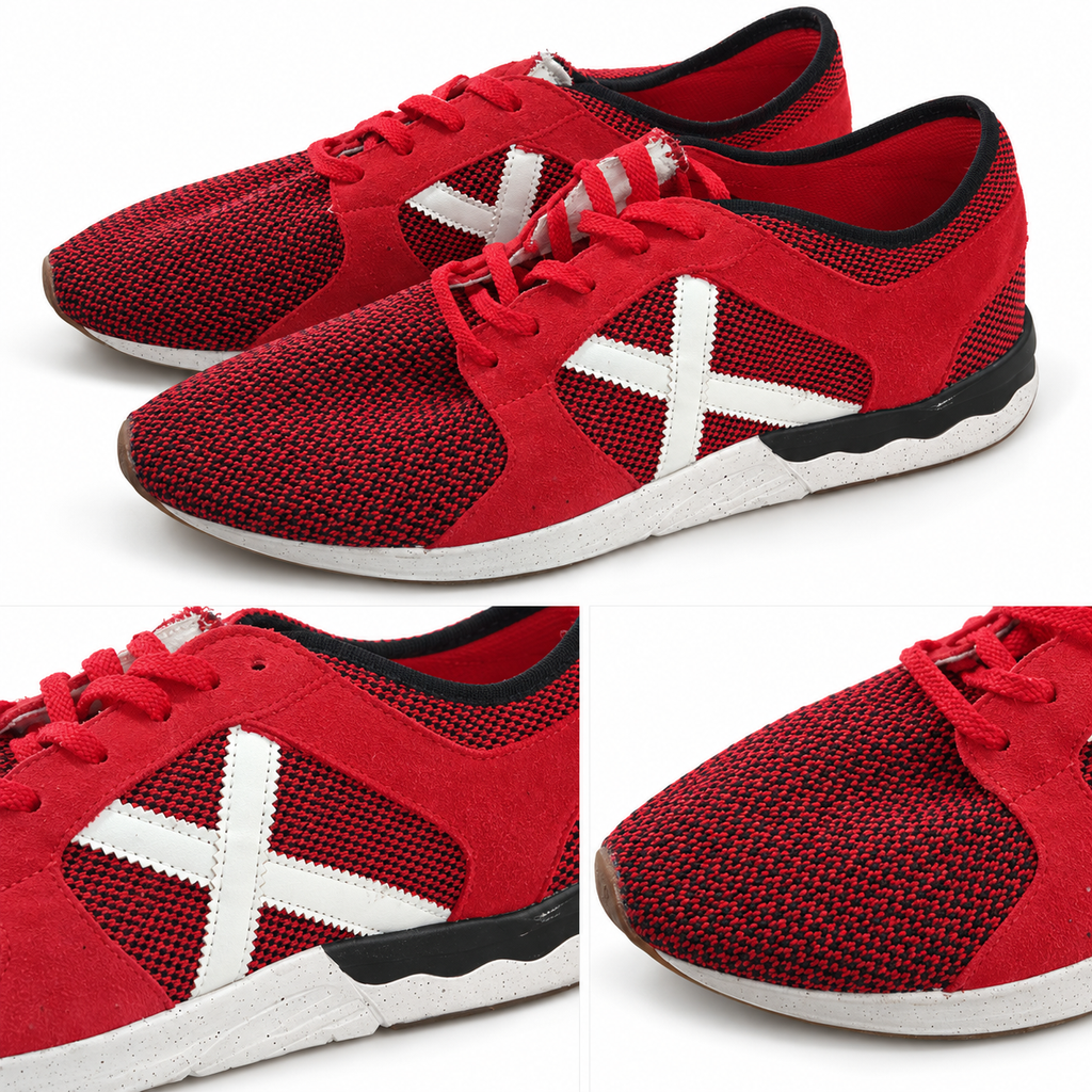 Zapatillas Munich rojas de tejido bicolor con X blanca · Talla 45 - detalle de diseño y estado