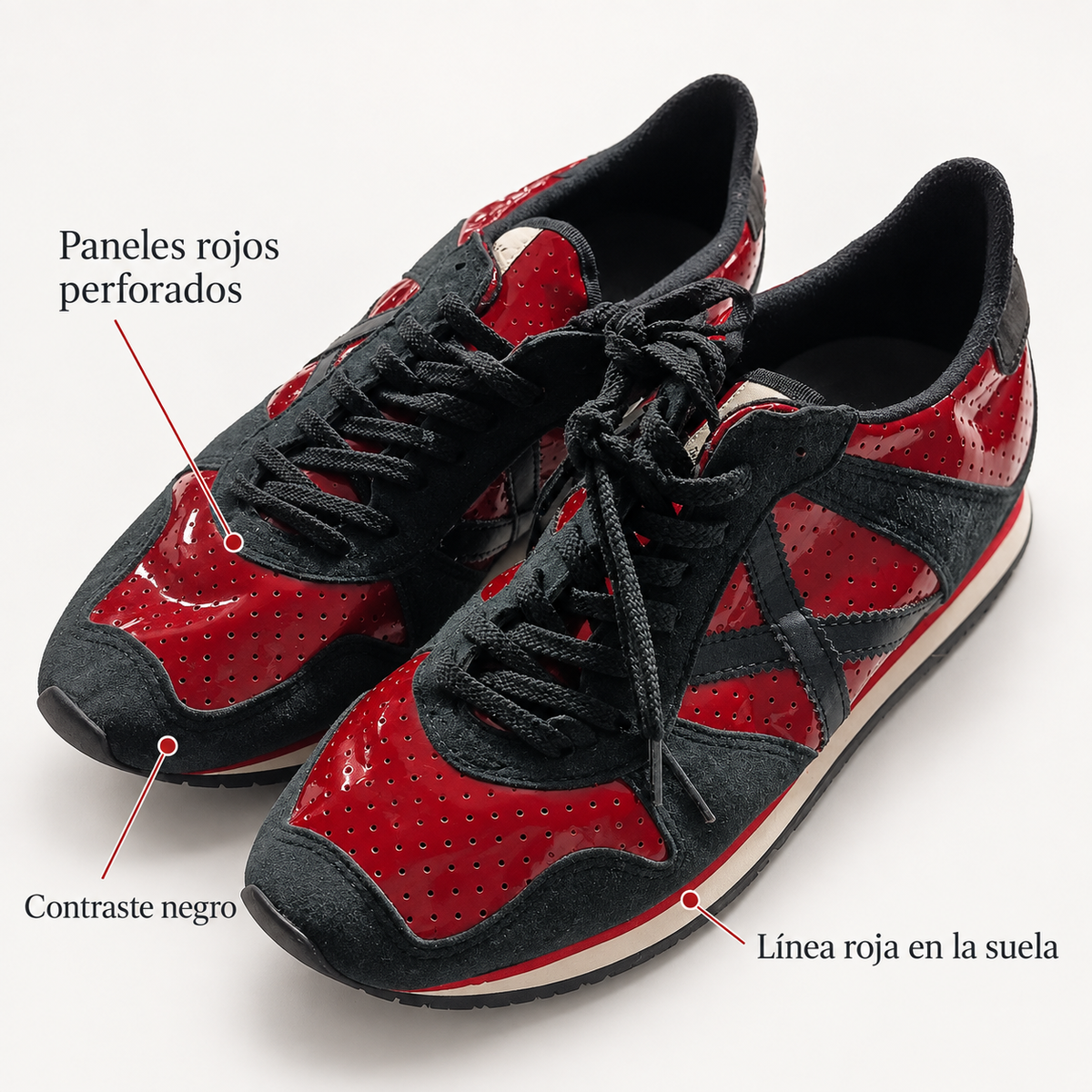 Características de las zapatillas Munich rojas perforadas y negras