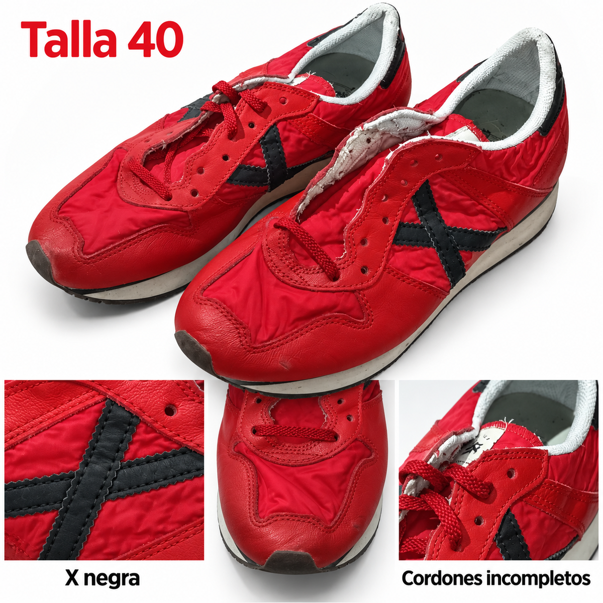 Características del par Munich rojo X negra talla 40, cordones incompletos
