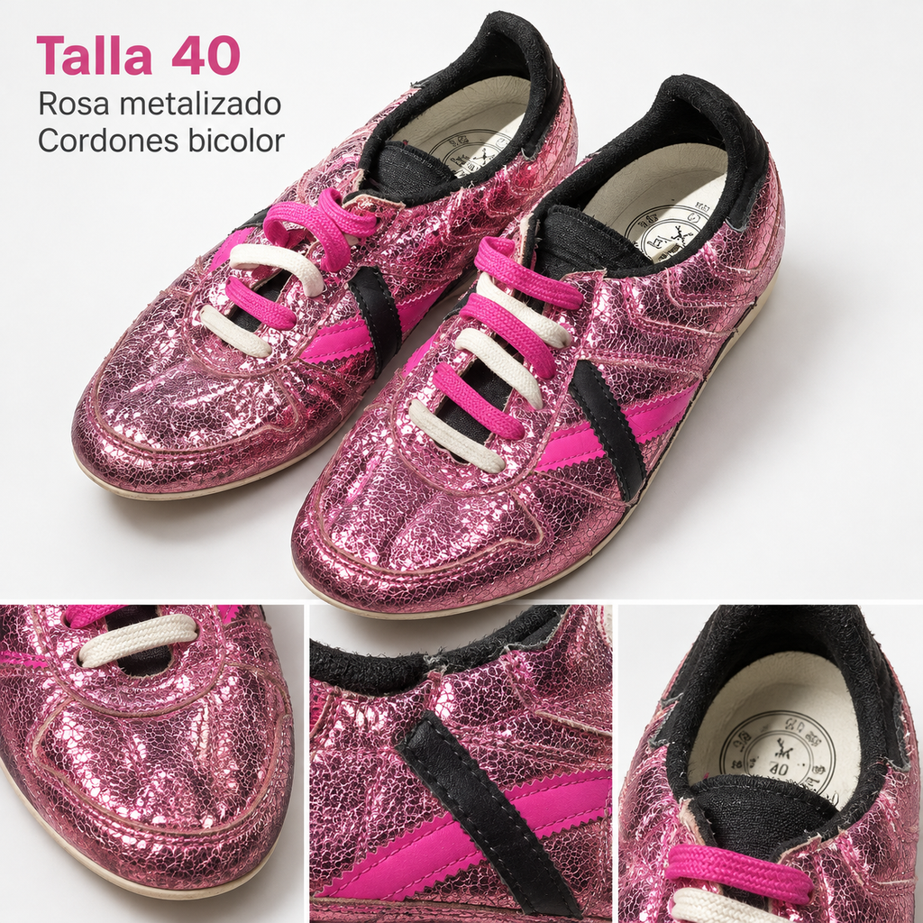 Detalles Munich rosa craquelado talla 40 y cordones blancos y fucsia