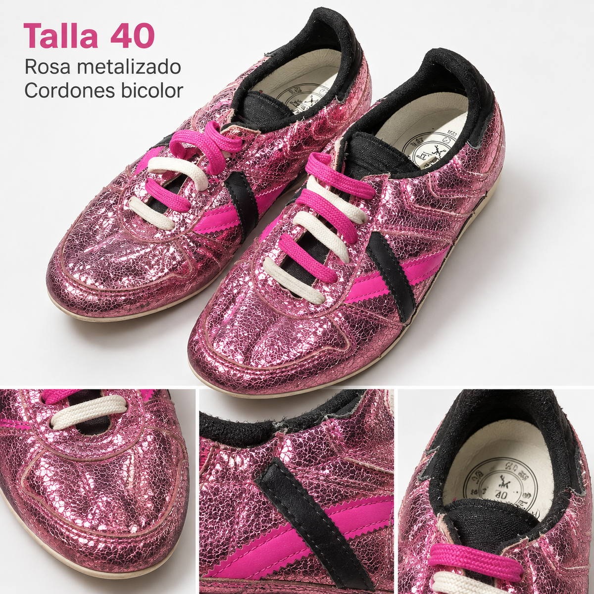 Detalles Munich rosa craquelado talla 40 y cordones blancos y fucsia