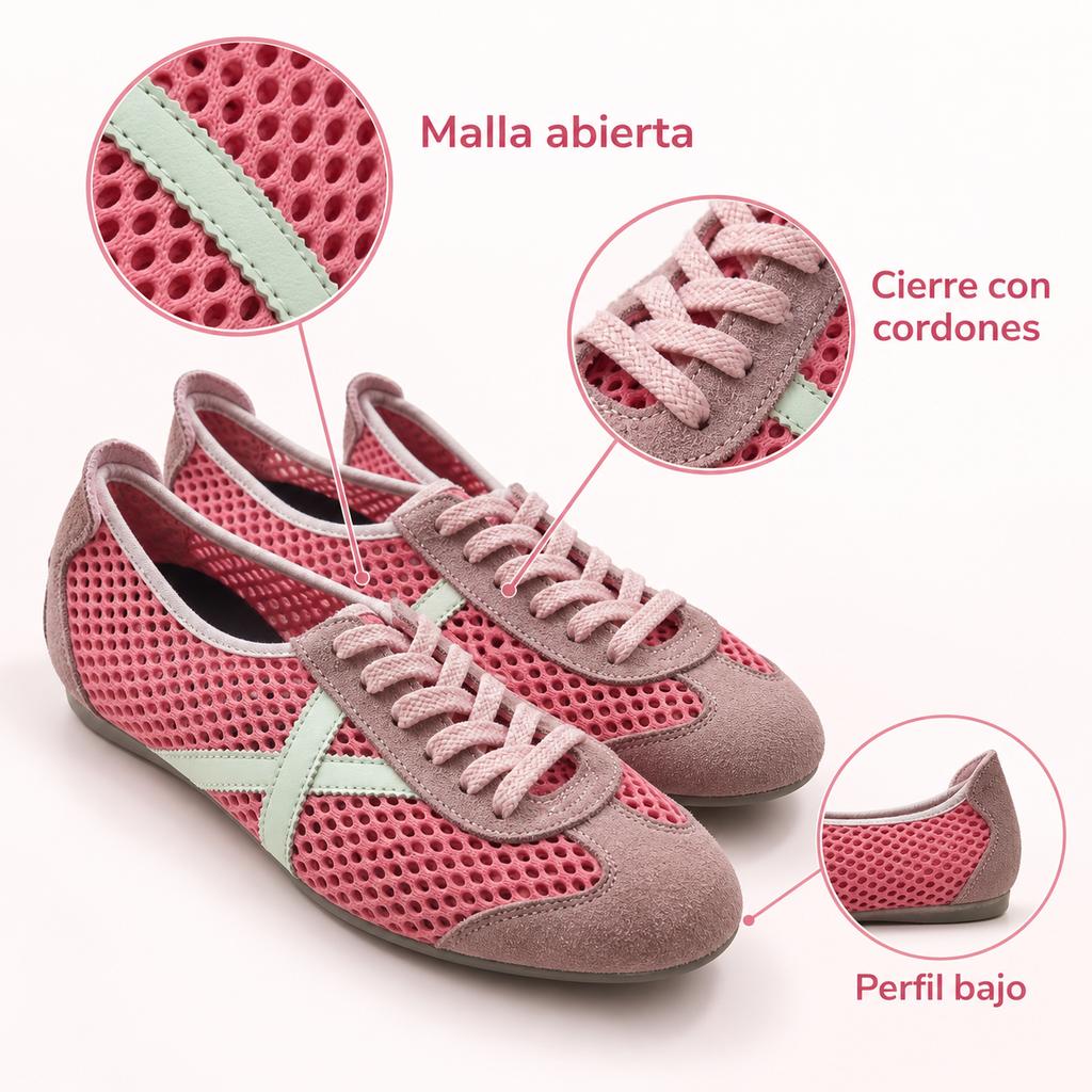 Características de las zapatillas Munich rosa de malla y verde agua