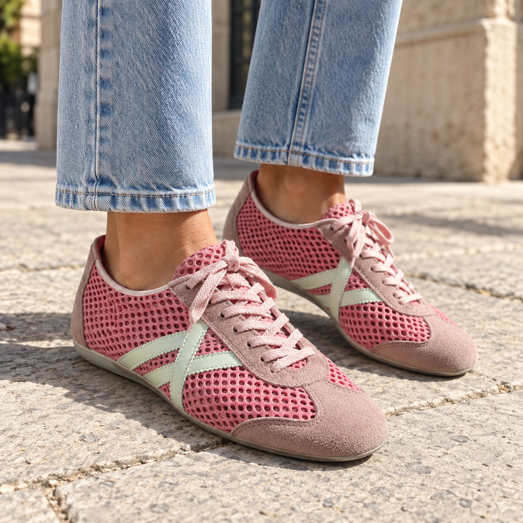 Zapatillas Munich rosa de malla y verde agua en ambiente urbano