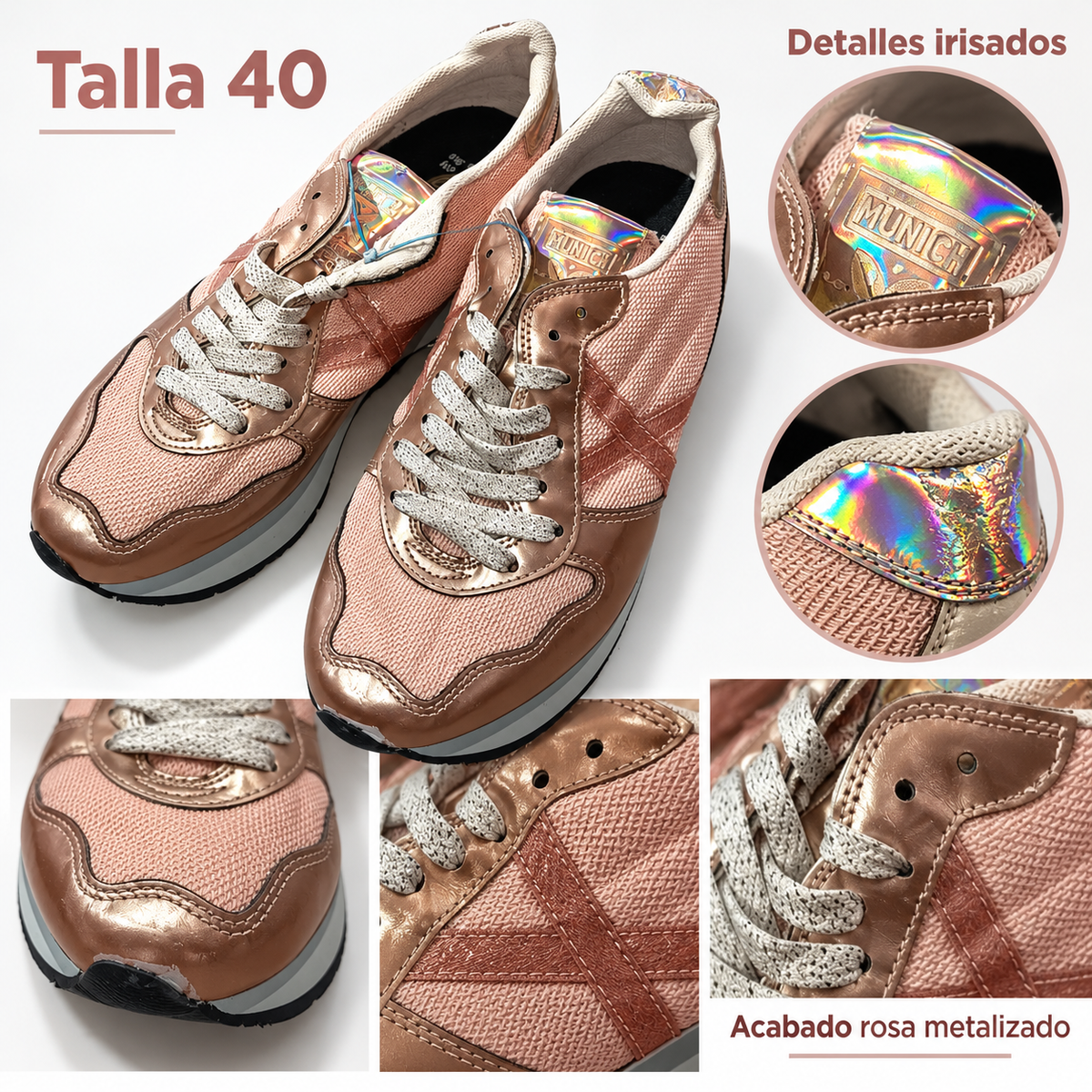 Detalles Munich rosas metalizadas talla 40 con lengüeta irisada y marcas visibles