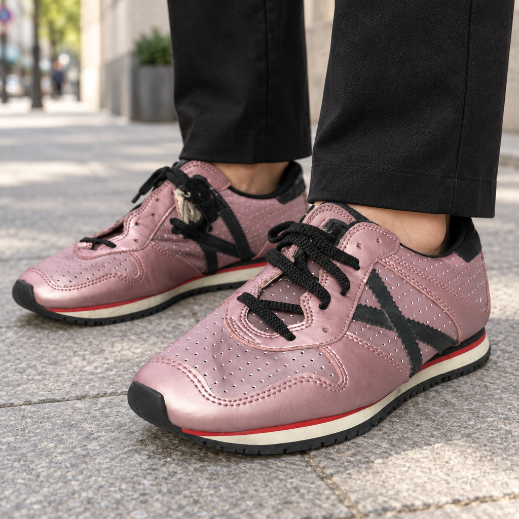 Zapatillas Munich rosa metalizado en una escena urbana