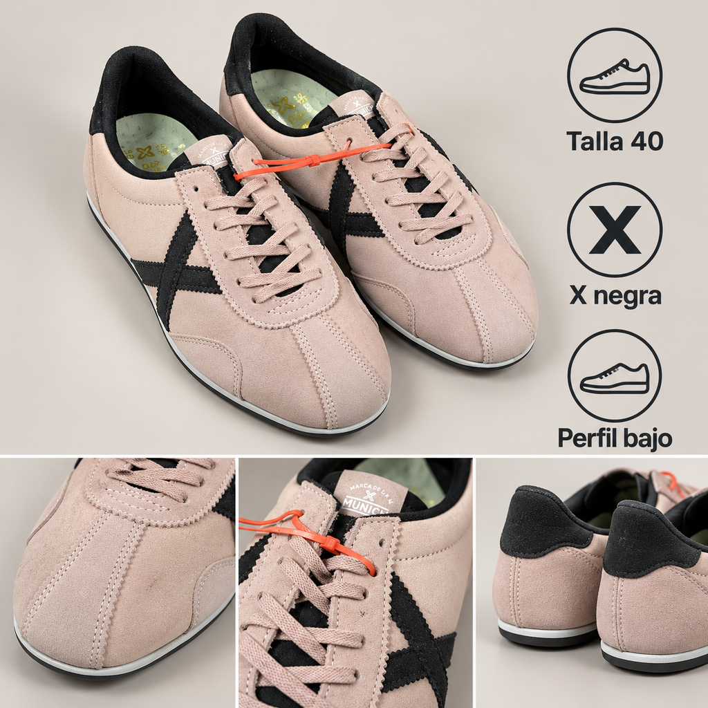 Detalles Munich rosa palo talla 40, X negra y perfil bajo