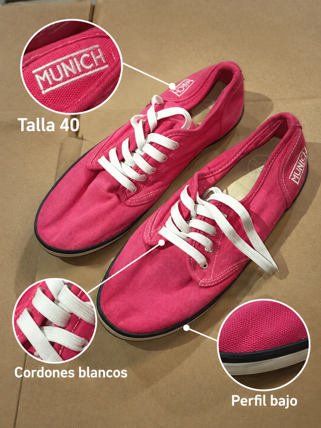 Detalles Munich rosas talla40 cordones blancos y perfil bajo
