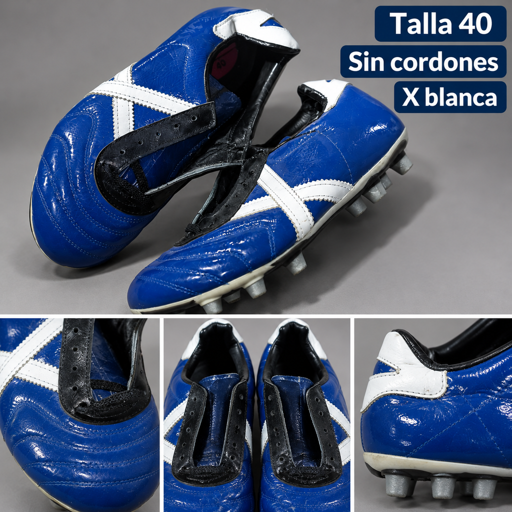 Detalles botas Munich azul royal talla 40, X blanca y tacos grises