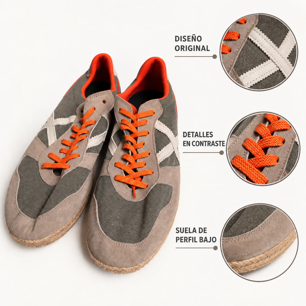 Detalles de zapatillas Munich taupe con cordones naranja