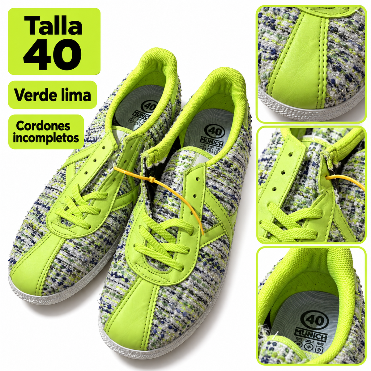Detalles Munich jaspeadas verde lima talla 40, cordones incompletos