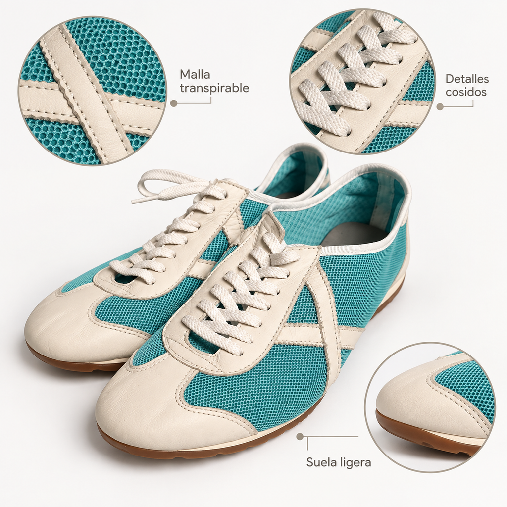 Detalles de las zapatillas Munich turquesa y blanco