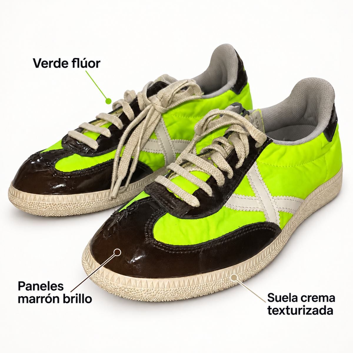 Características de las zapatillas Munich verde flúor y marrón