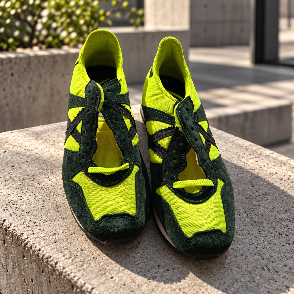 Zapatillas Munich verde flúor y verde oscuro en ambiente urbano