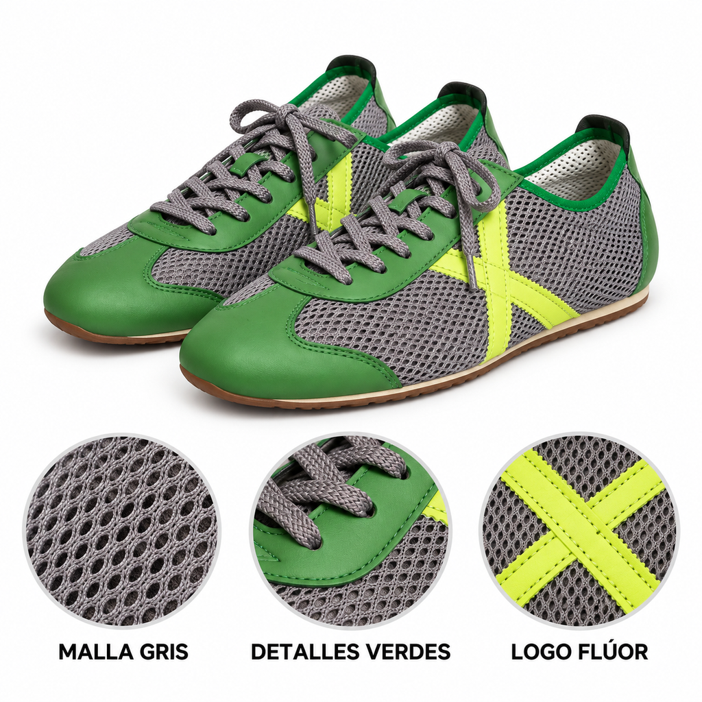 Zapatillas Munich verdes y grises con detalle flúor - características