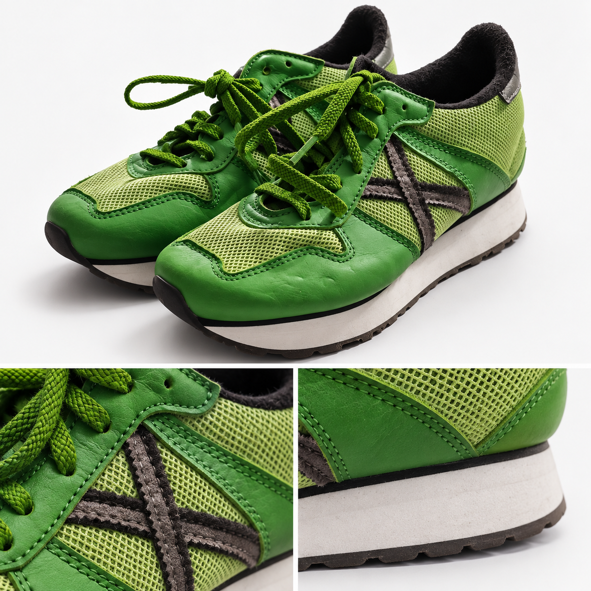Zapatillas Munich verdes de malla - detalles del exterior y la suela