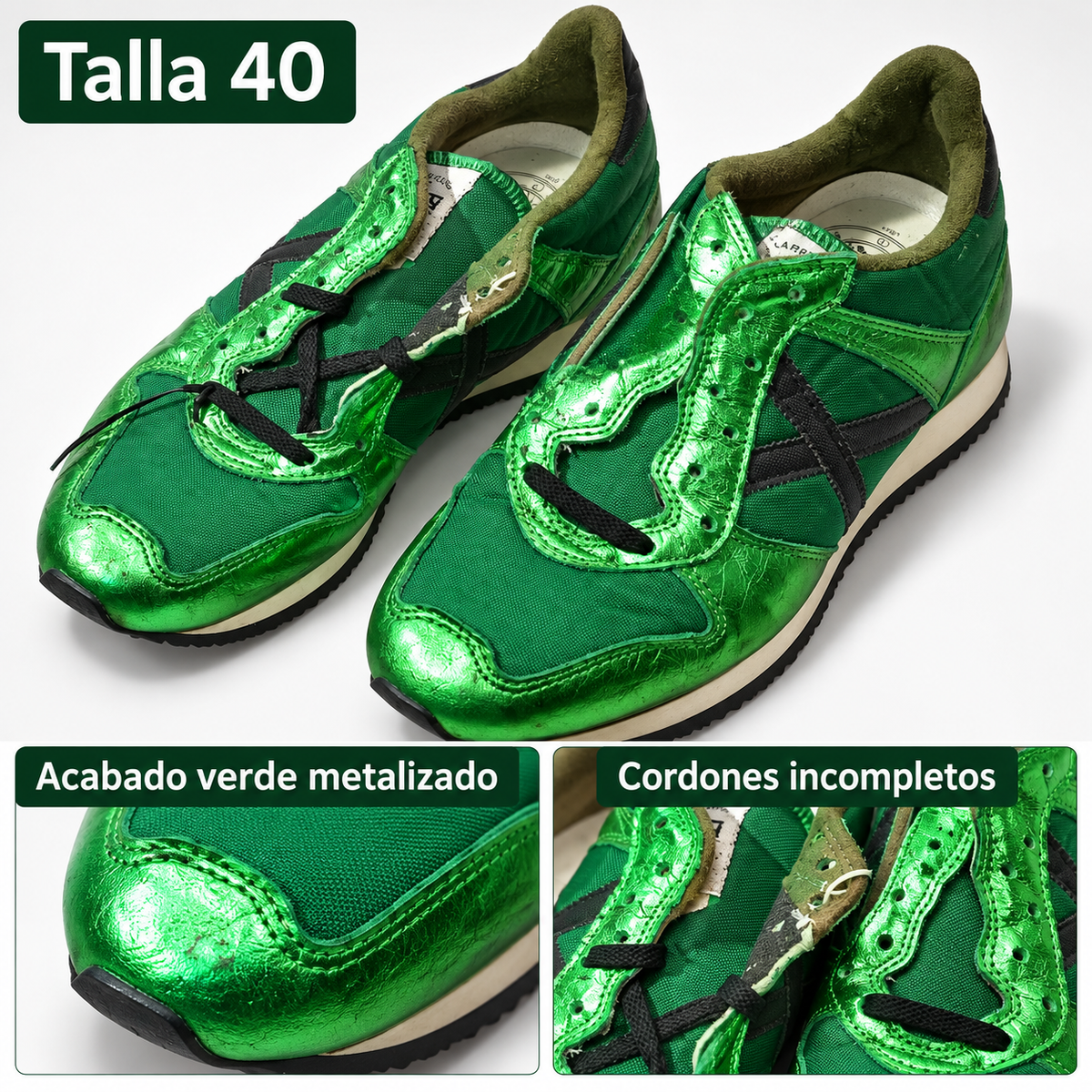 Detalles del par Munich verde metalizado talla 40 con cordones incompletos