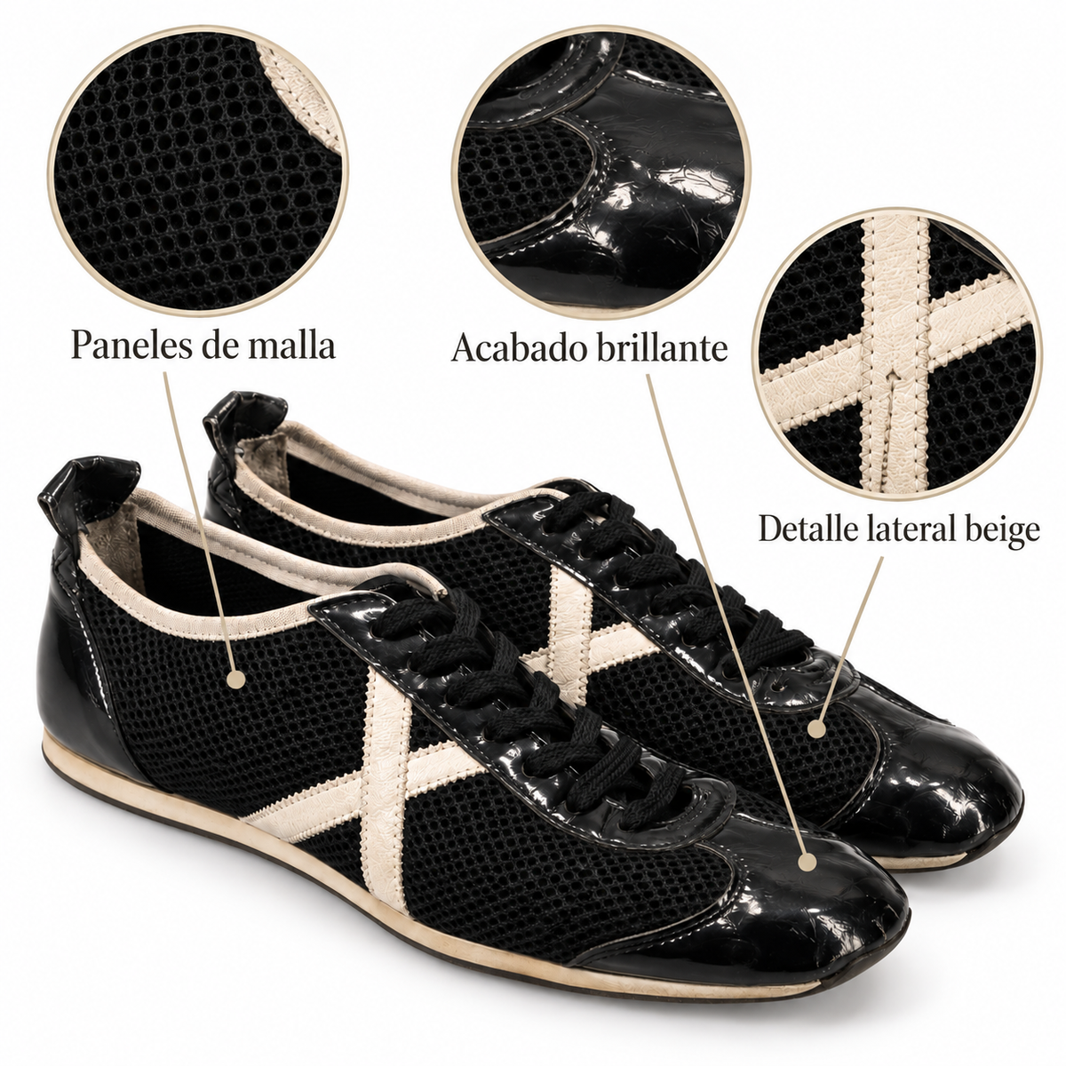 Características de Zapatillas Munich Negras de Malla y Brillo con Cordones Negros Unisex