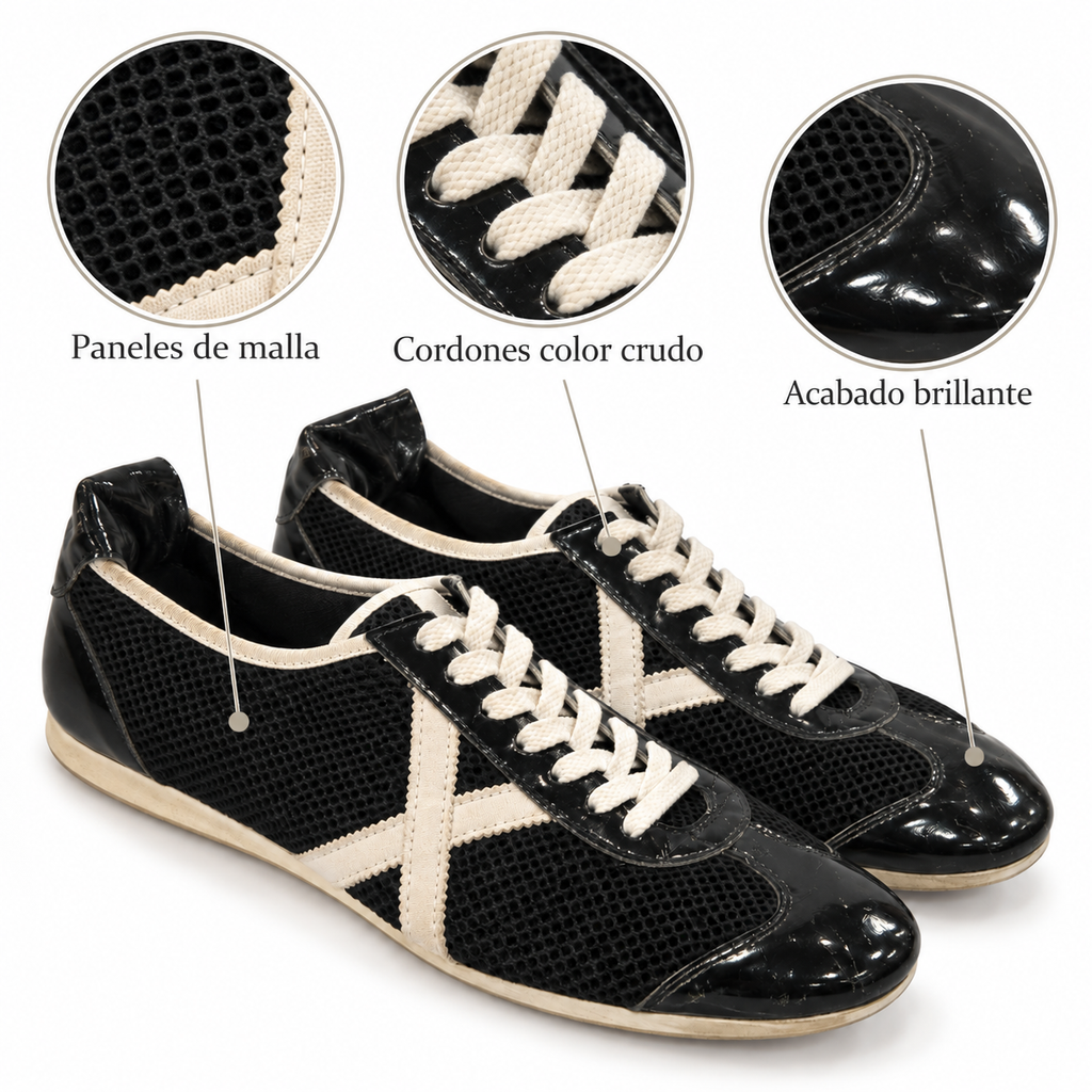 Características de Zapatillas Munich Negras de Malla y Brillo con Cordones Crudos Unisex