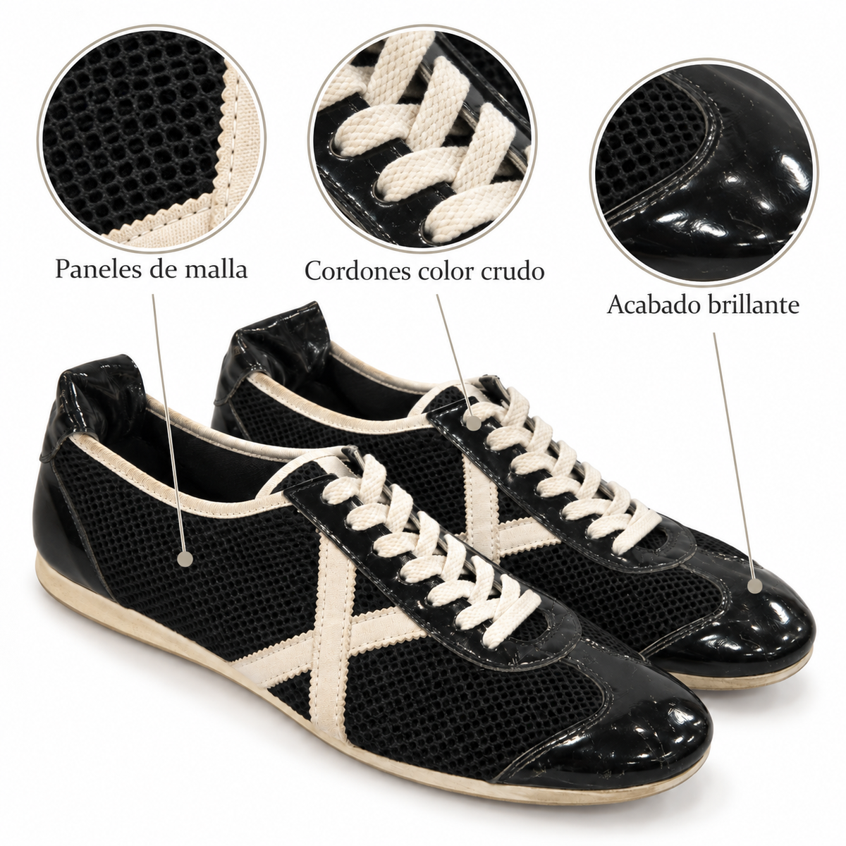 Características de Zapatillas Munich Negras de Malla y Brillo con Cordones Crudos Unisex