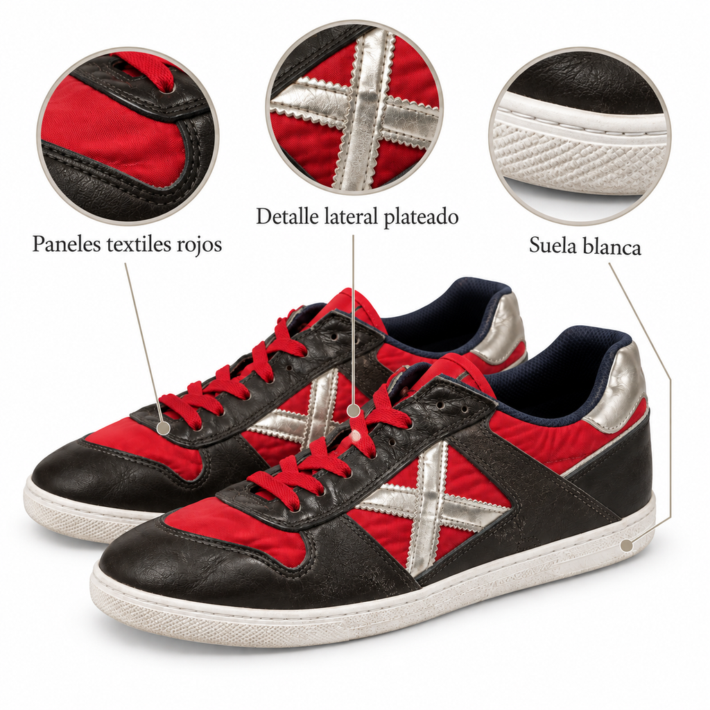 Características de Zapatillas Munich Rojas y Negras con Detalles Plateados Unisex