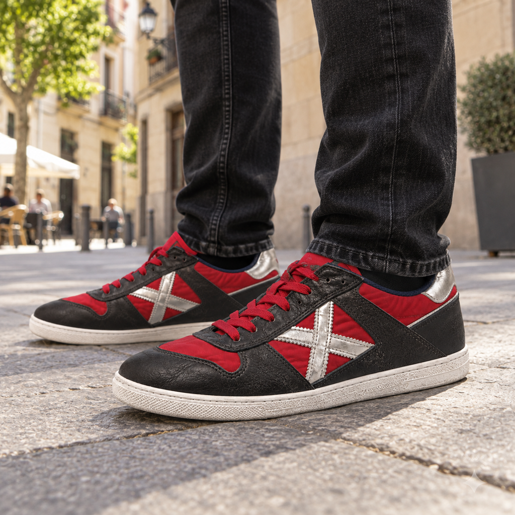 Zapatillas Munich Rojas y Negras con Detalles Plateados Unisex en uso