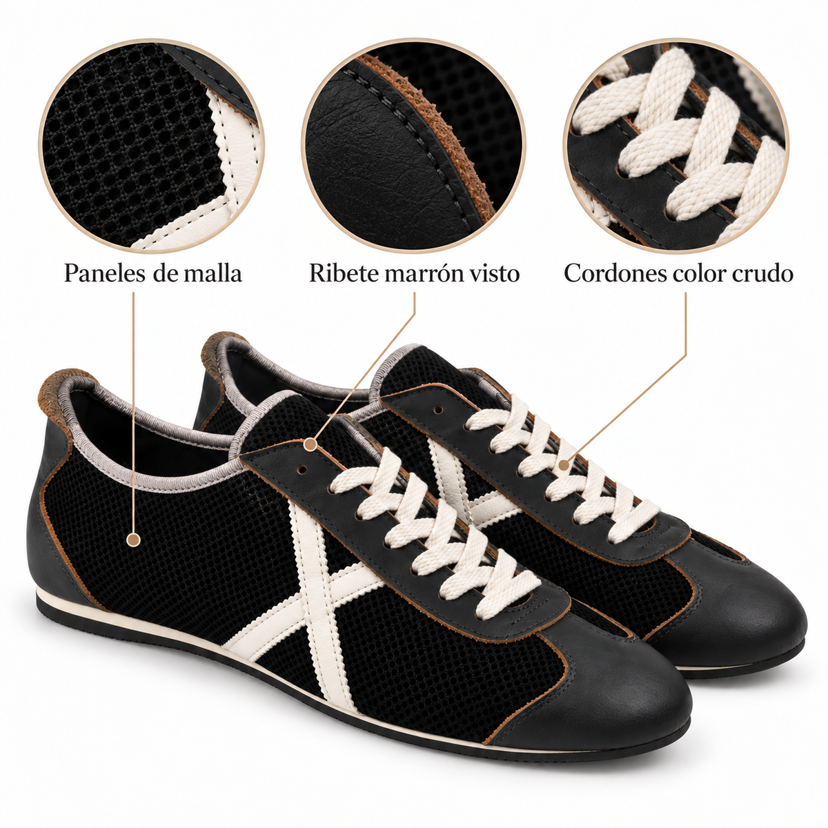 Características de Zapatillas Munich Negras de Malla con Ribetes Marrón Unisex