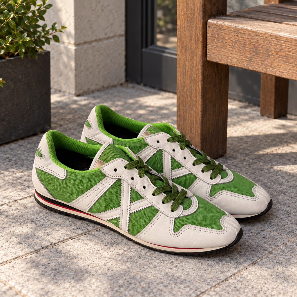 Zapatillas Munich verdes y blancas en ambiente lifestyle
