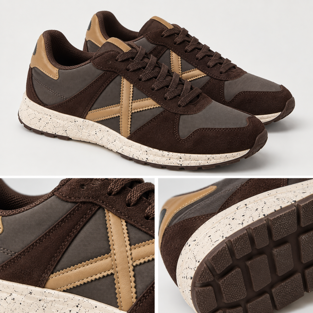 Detalles de las zapatillas Munich marrón y gris con X camel