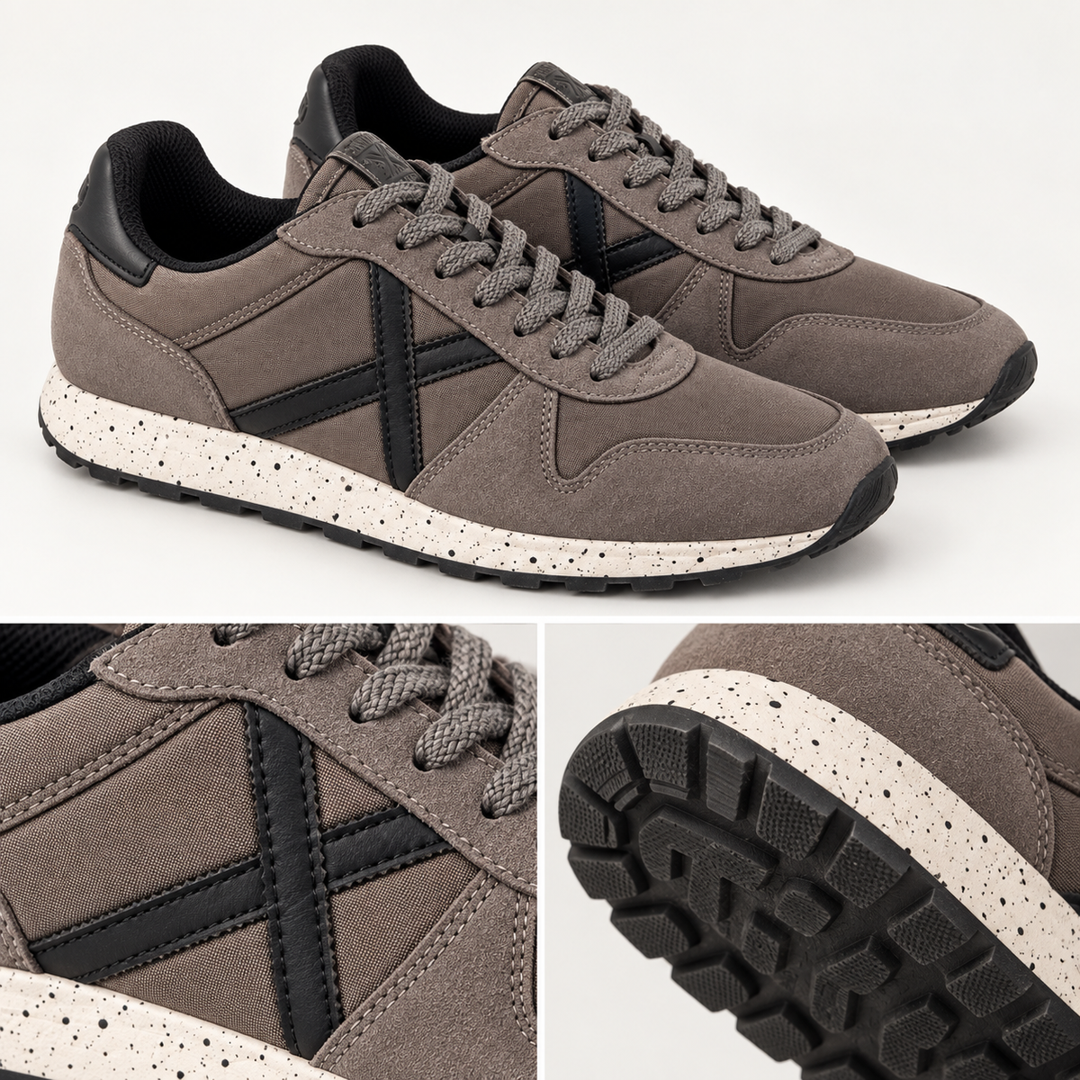 Detalles de las zapatillas Munich gris topo con X negra
