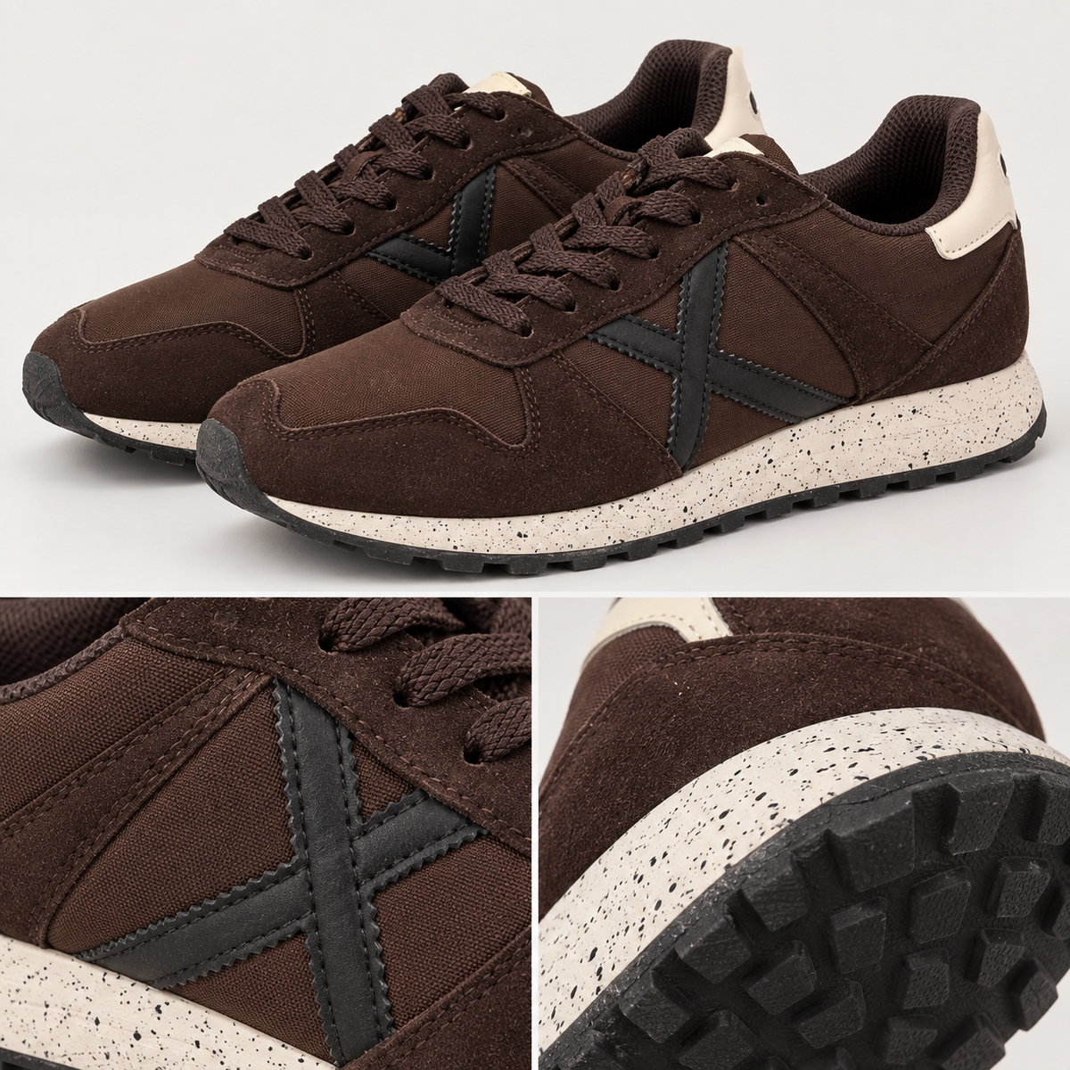 Detalles de las zapatillas Munich marrón chocolate con X negra