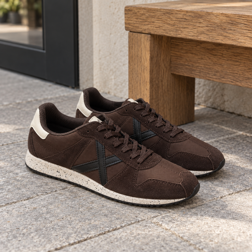 Zapatillas Munich marrón chocolate con X negra en ambiente lifestyle