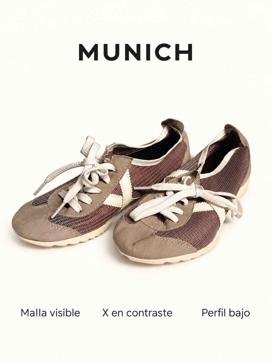 Detalles visibles de las Munich taupe: malla, X en contraste y perfil bajo