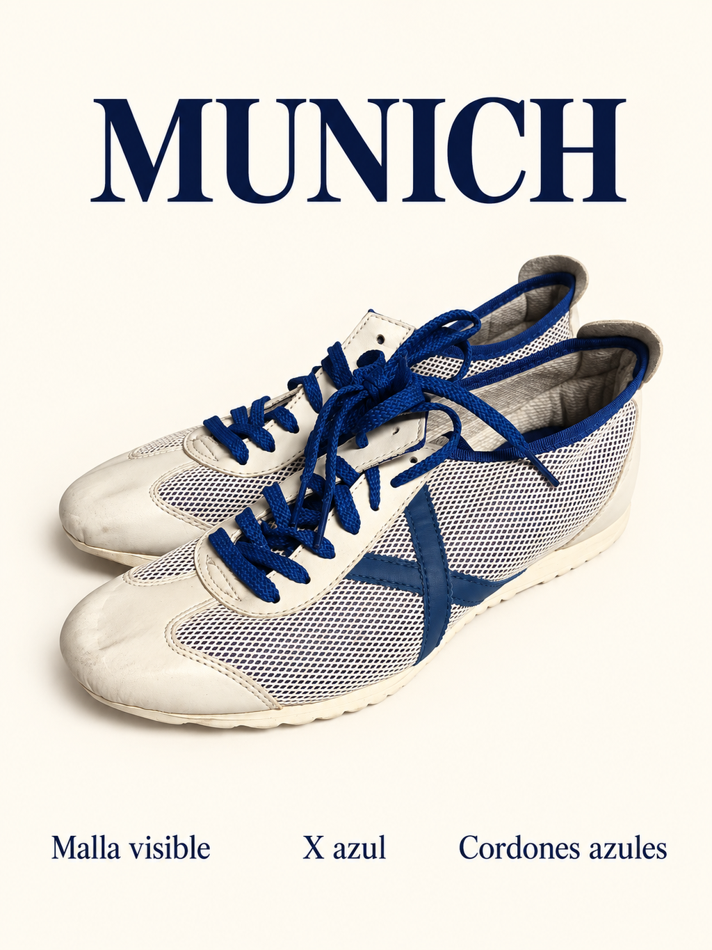 Detalles de las Munich blancas de malla con X y cordones azules