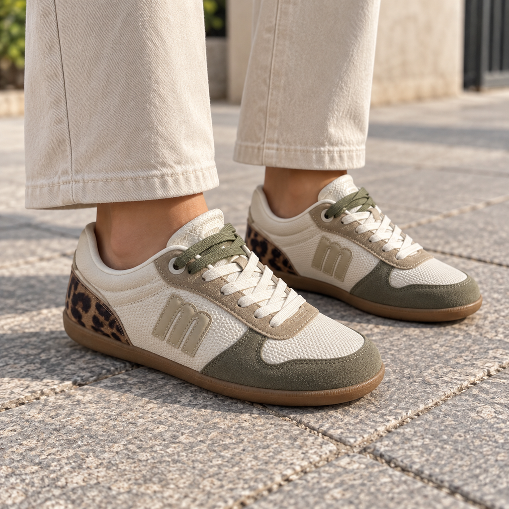 Zapatillas Mustang 60840 caqui y blancas puestas