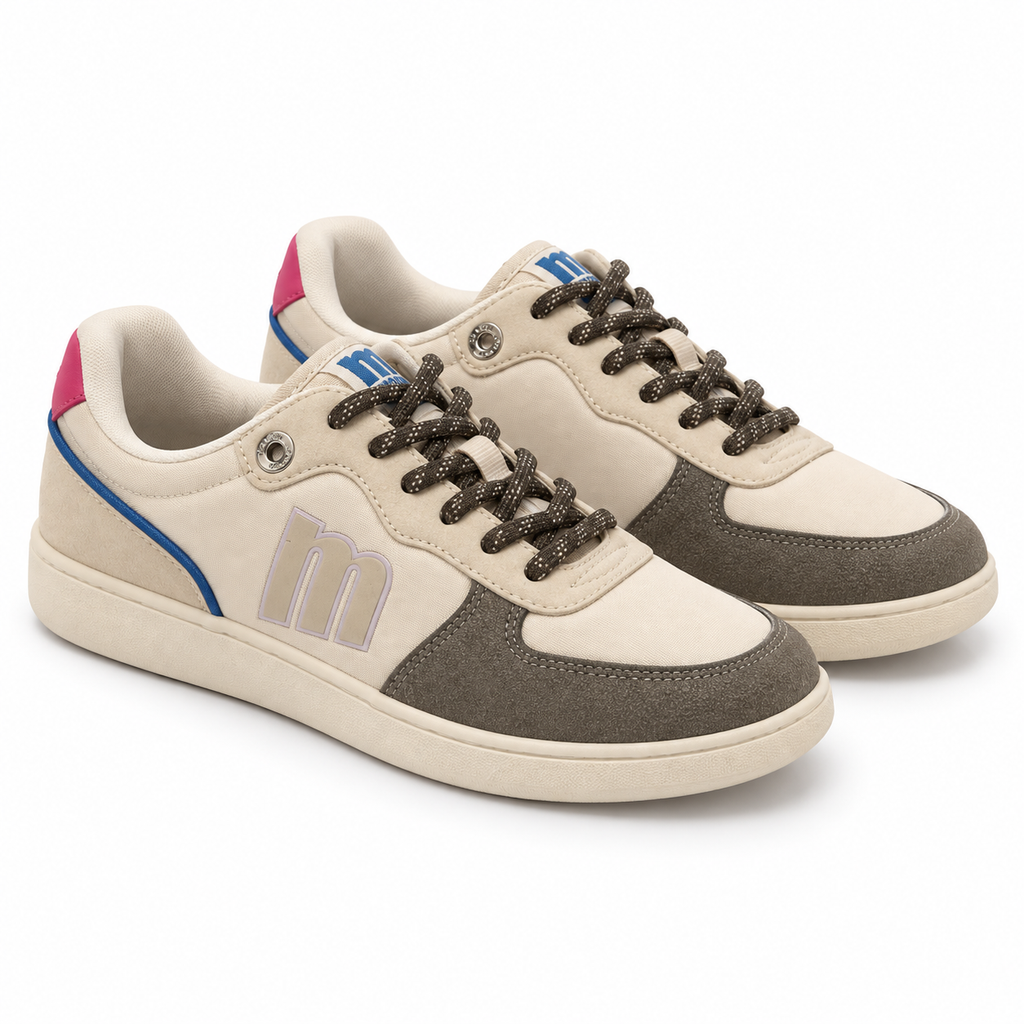 Zapatillas Mustang 60857 ecru y gris sobre fondo blanco