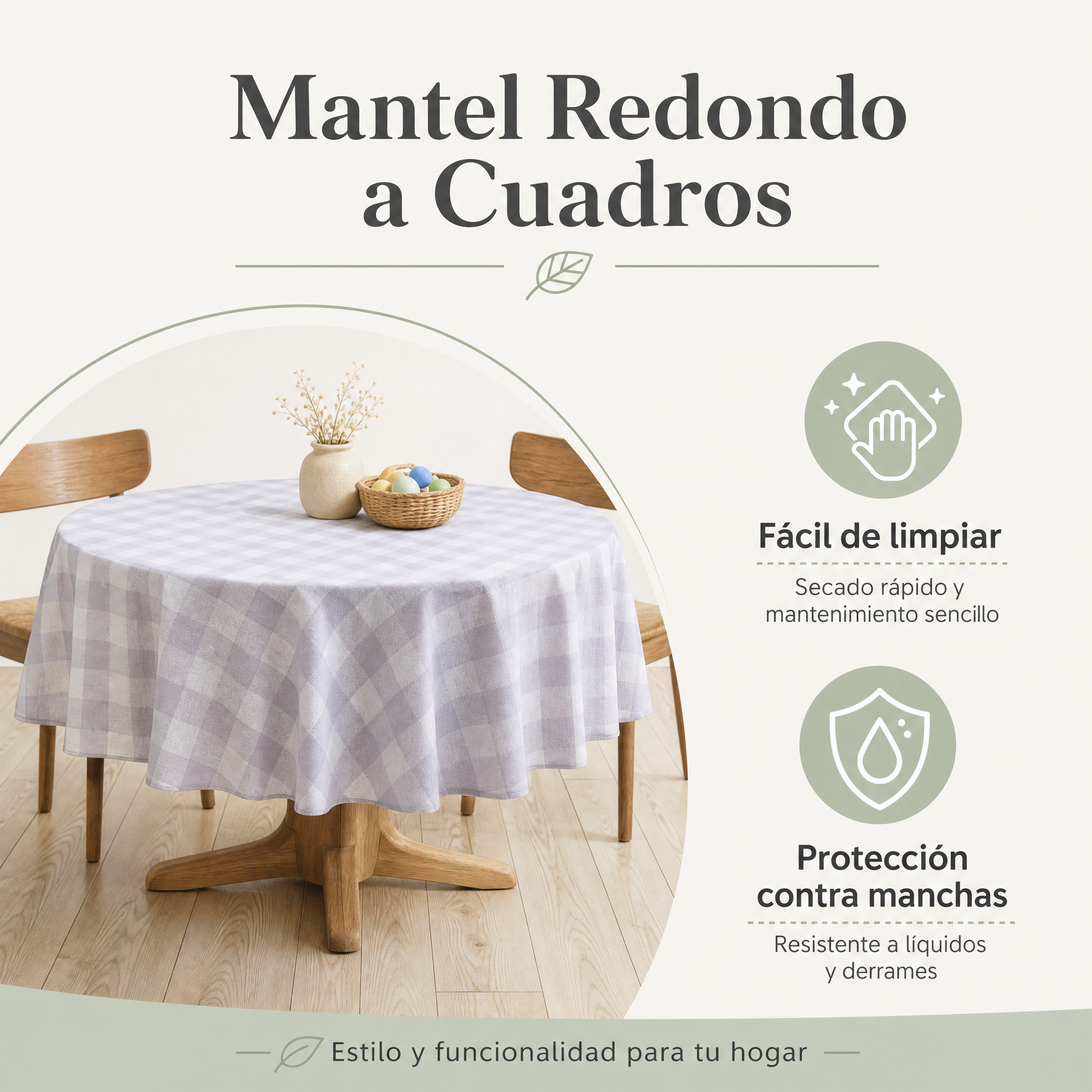 Mantel Redondo Livarno Home a Cuadros Grises y Blancos