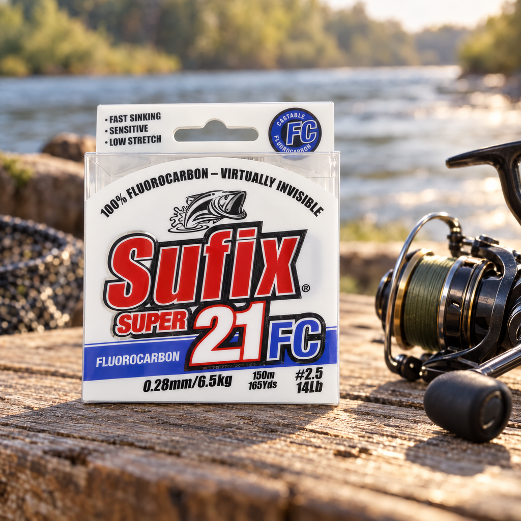 Sufix Super 21 FC junto al agua; carrete decorativo no incluido