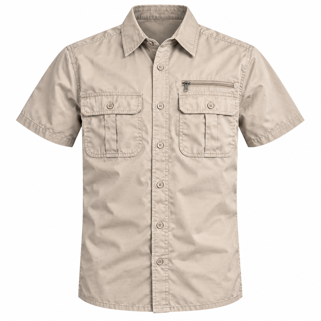 Camisa Nairobi beige de manga corta sobre fondo blanco
