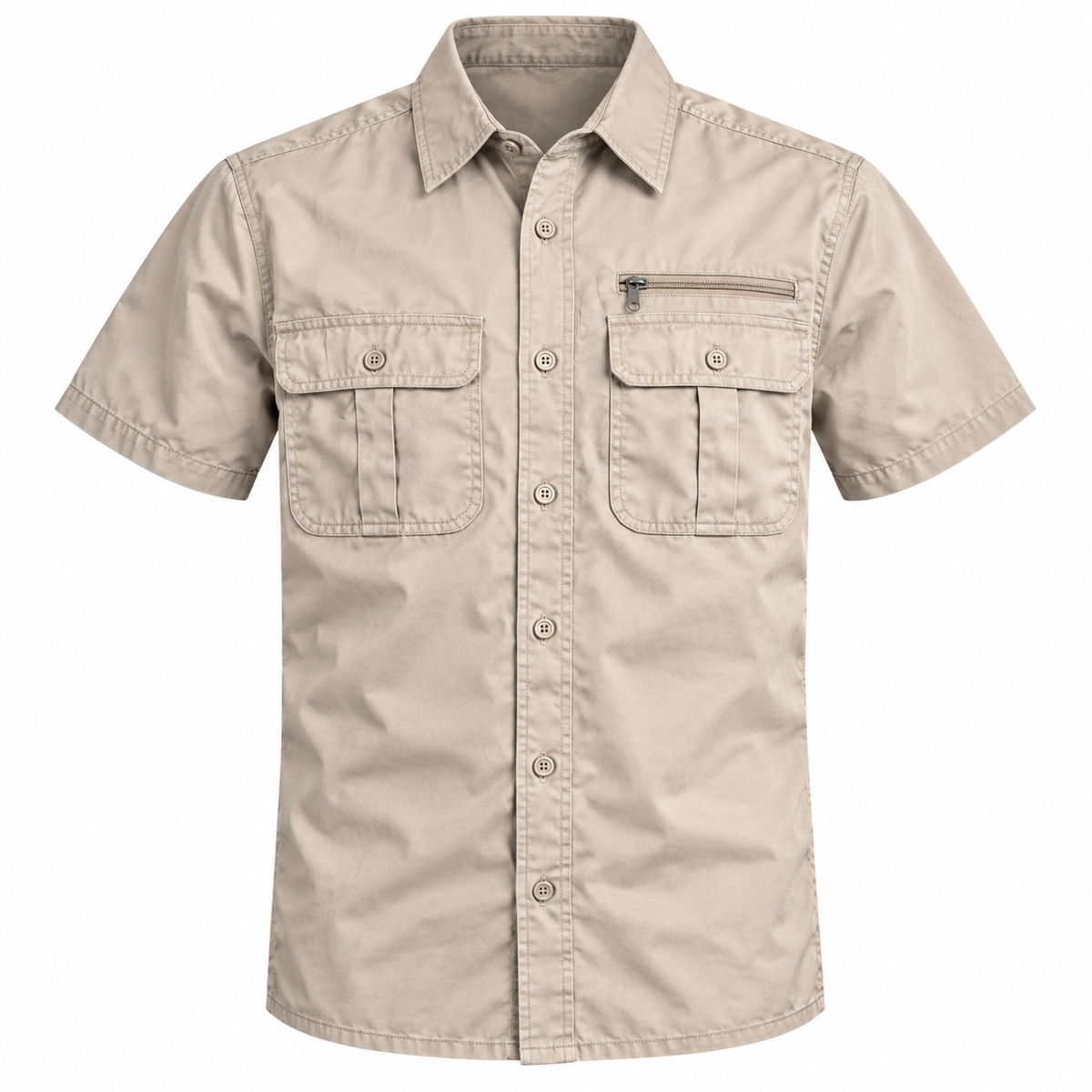 Camisa Nairobi beige de manga corta sobre fondo blanco
