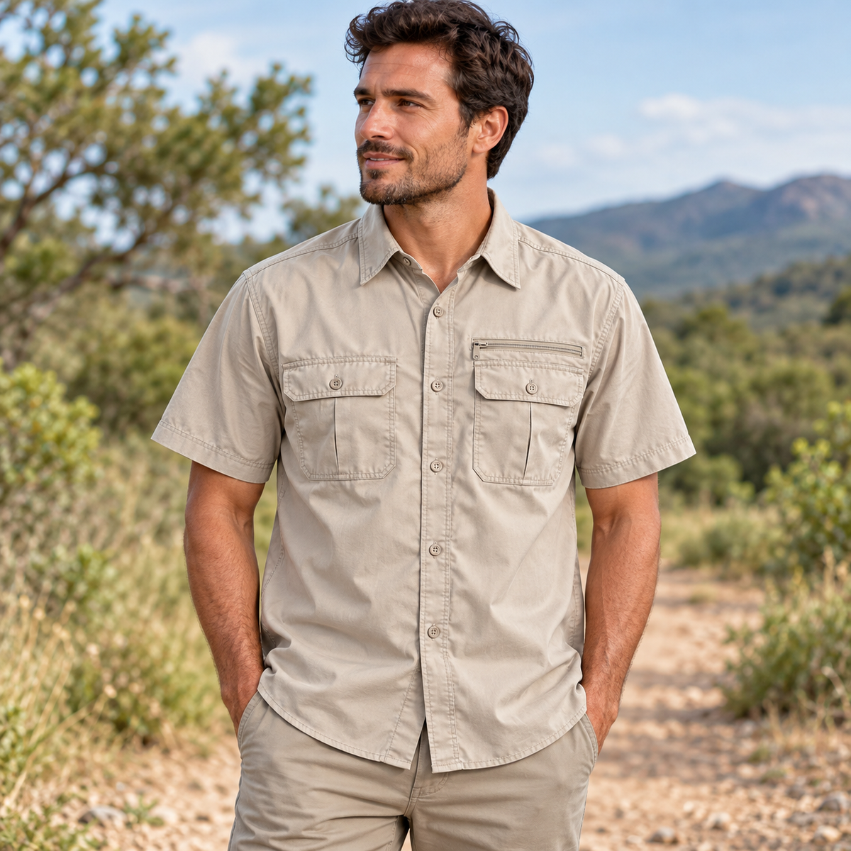 Camisa Nairobi beige en uso al aire libre