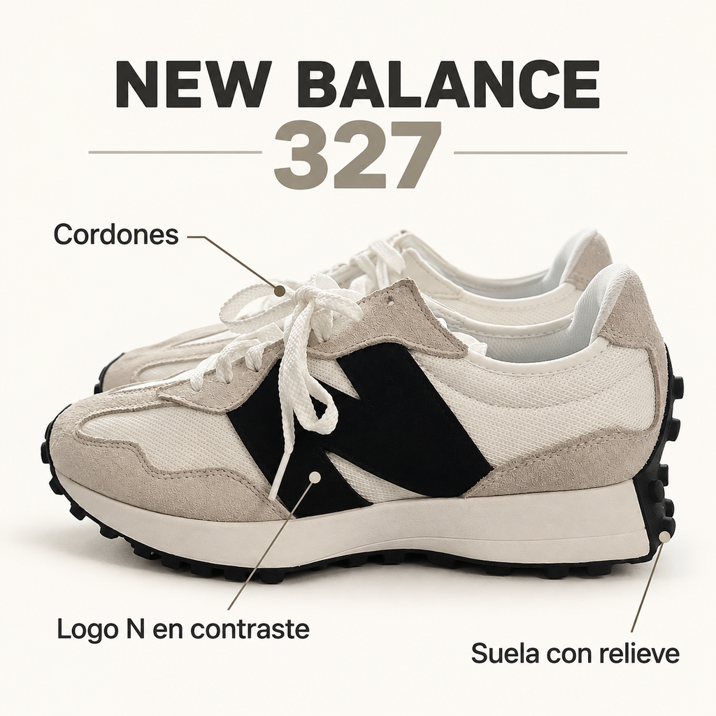 New Balance 327 MS327CWB blancas con logo negro — detalles visibles