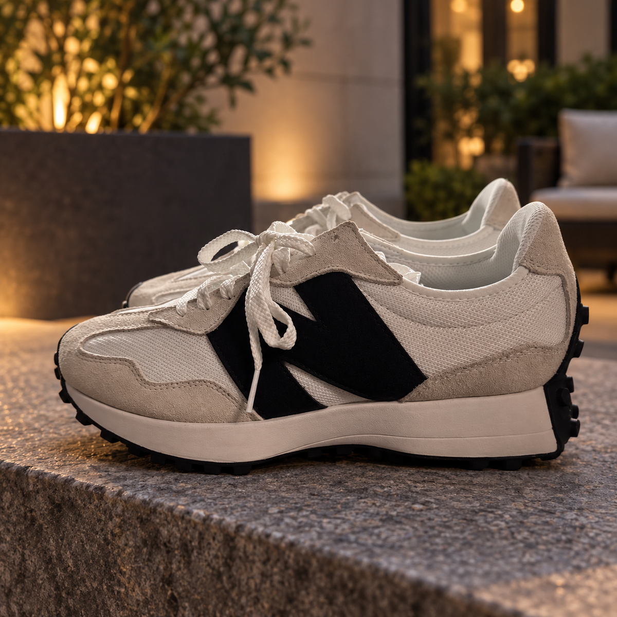 New Balance 327 MS327CWB blancas con logo negro — escena urbana