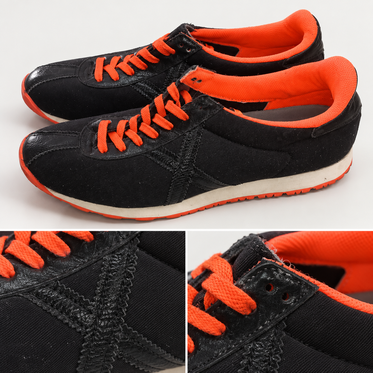 Zapatillas Munich negras con X tonal y cordones naranja · Talla 45 - detalle de diseño y estado