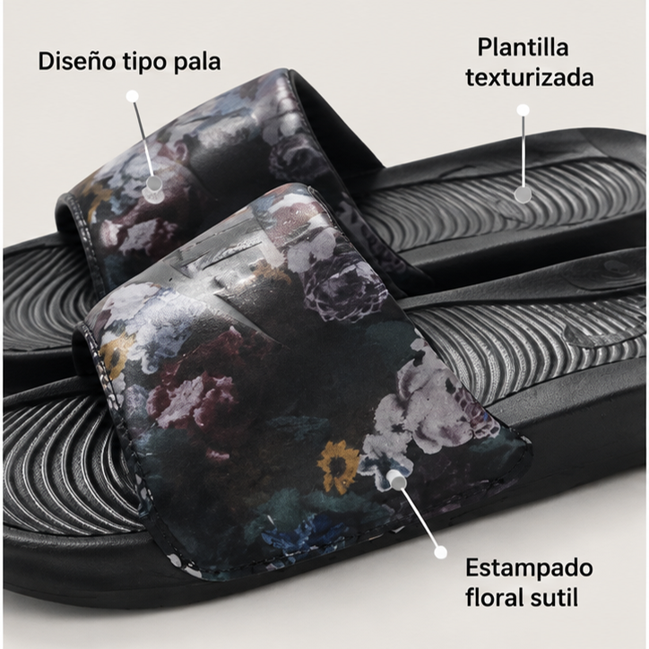 Características de las chanclas Nike negras con estampado floral talla 36