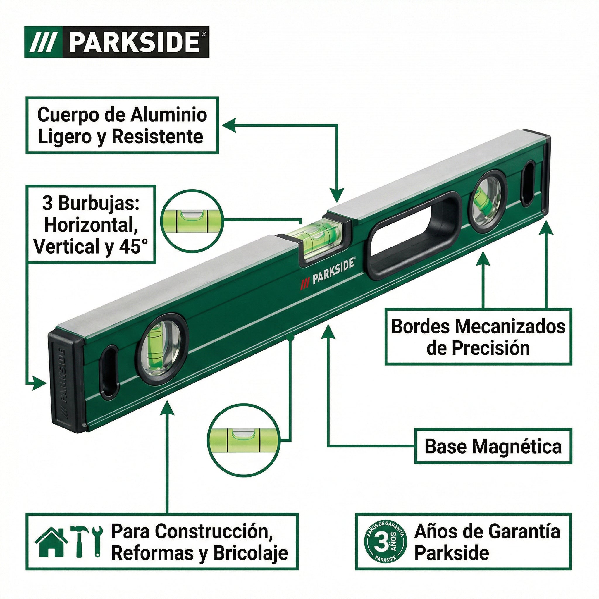 Nivel de Burbuja de Aluminio Triple Precisión | Parkside